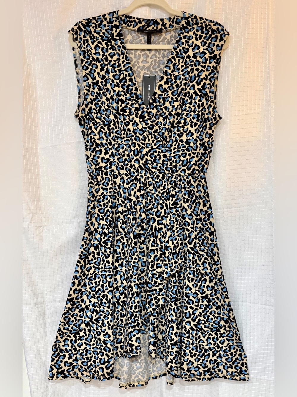 BCBGMAXAZRIA NWT Leopard Faux Wrap High Low Dress Cadet Blue Animal Print Medium - Picture 2 of 10